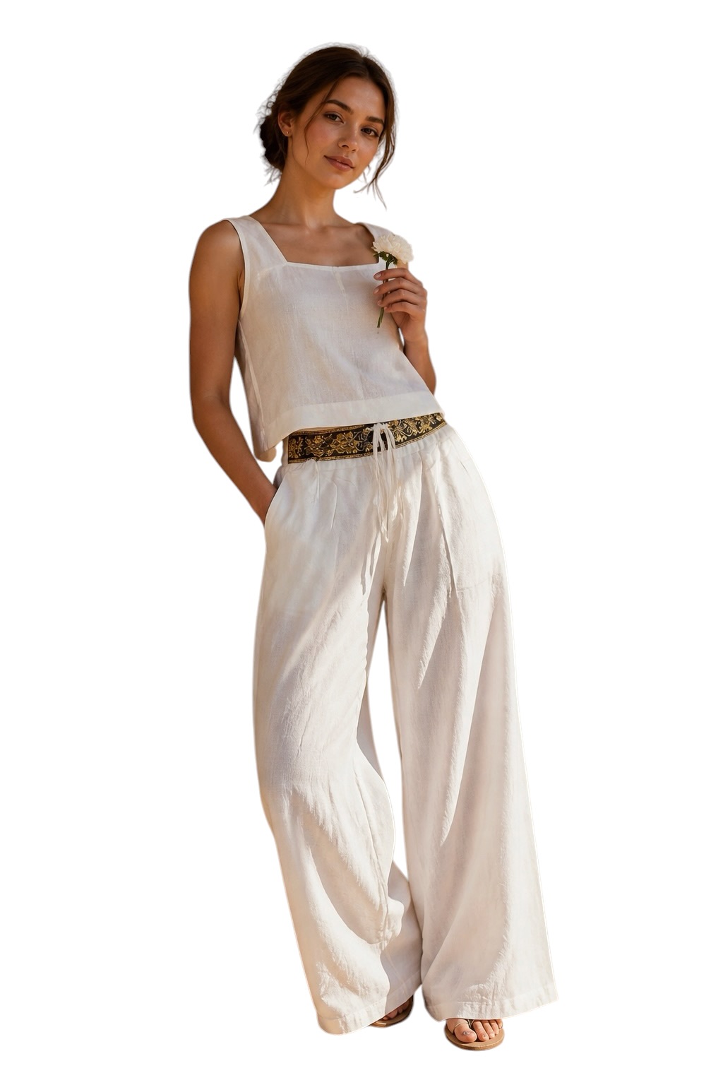 Wide Leg Patterned Pants — White