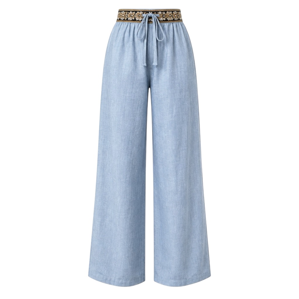 Wide Leg Patterned Pants — Blue