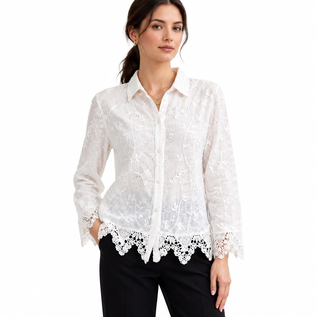 Embroidery Trim Blouse - White