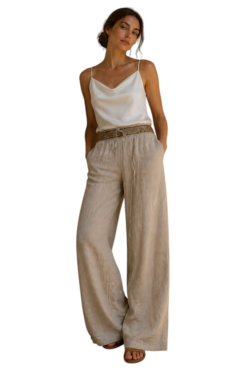 Wide Leg Patterned Pants — Beige