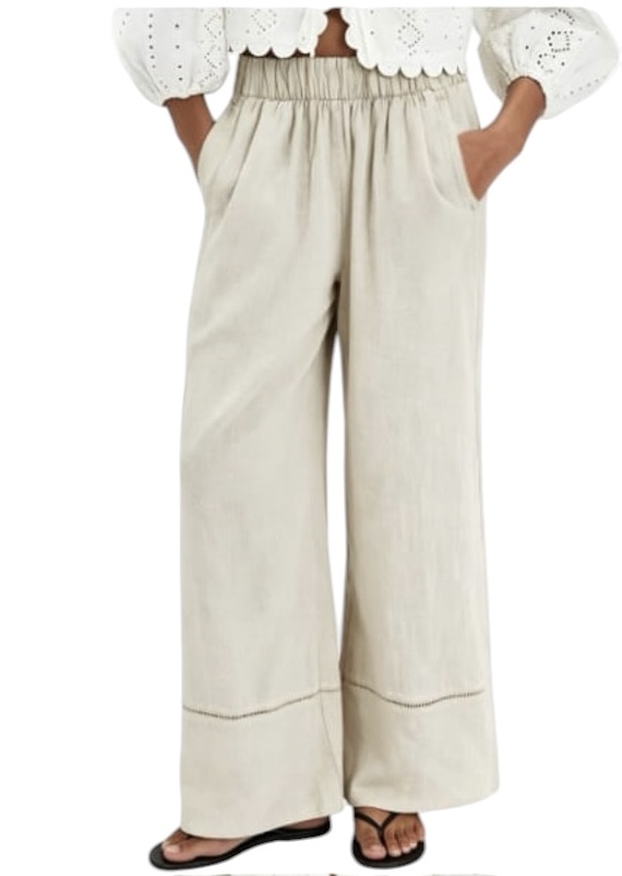 Wide Leg Linen Trousers — Beige