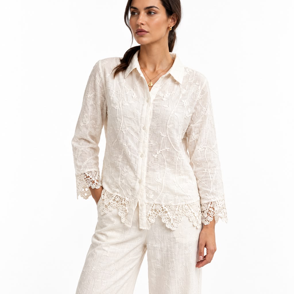 Embroidery Trim Blouse - Cream