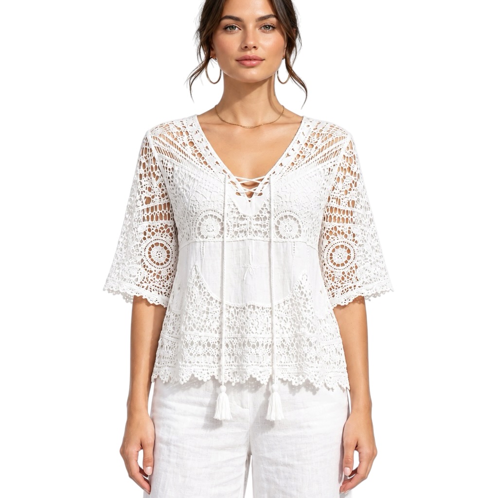 Tassel Crochet Top — White